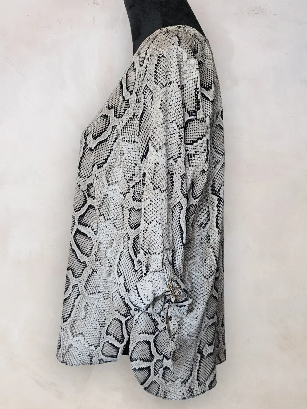 MICHAEL KORS Snakeskin Python Print Notch Neck Roll Tab Blouse Top